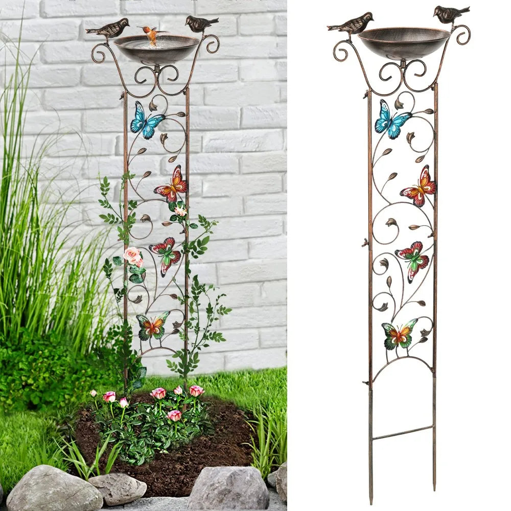 Outdoor Metal Garden Trellis with Bird Bath