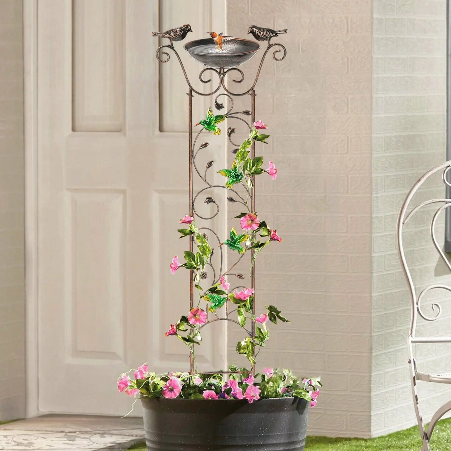 Outdoor Metal Garden Trellis with Bird Bath
